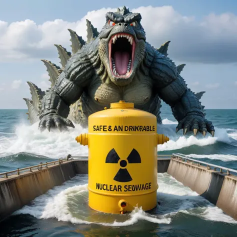 a sealed yellow Nuclear Sewage tank with nuclear sign is flowing in the sea, (words 'SAFE & DRINKABLE':1.5) is printed on the Nuclear Sewage tank, BREAK
oversized Godzilla is standing behind the Nuclear Sewage tank in the ocean, yelling upset angry,