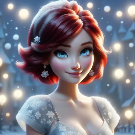 FrostedStyle, (disney pixar 3d cartoon style:1.35), (cute adorable girl:1.1) (adult age 19:1.15) short hair, sexy, darkred cherry hair, slight smile, thin and fit, big blue eyes, wearing a frosted dress