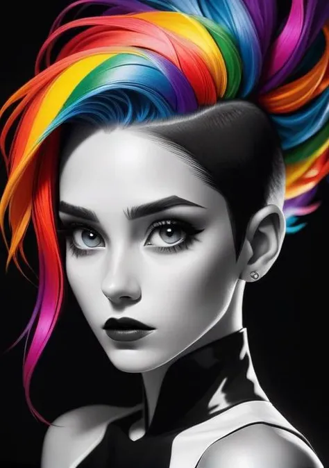 surrealism painting, 16k, extreme detail, fine textures, deep shadows, dark, sharp lines,
(rainbow hair:1.05),
(black and white background, b&w photos, black and white background items, monochrome environment:1.2)
(full body:1.3),