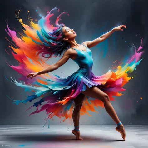 creates of a dancer in a dynamic pose, capturing the energy and passion of her performance against a vibrant, colorful backdrop. The scene is brought to life with realistic touches, emphasizing her strength, grace, and the fluidity of her movement.