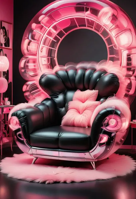 Productive photography in kitsch maximalism style, modern art, small lip-shaped sofa, soft, shiny leather material, black, pink ,silver and all shades included, transparent fluorescent with small details and indirect lights, creative and innovative design,ral-fluff