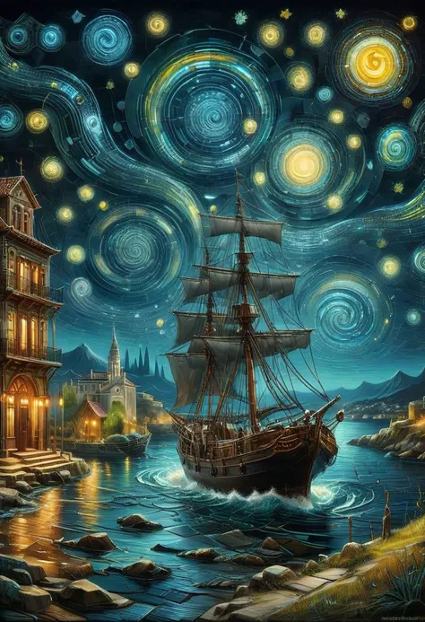 fine art, oil painting, best quality, dark tales, Athens in the Van Gogh style, starry night, Dan Mumford, Andy Kehoe, Yuko Shimizu, 2d, flat, cute, adorable, vintage, art on a cracked paper, patchwork, stained glass, fairytale, storybook detailed illustration, cinematic, ultra highly detailed, tiny details, beautiful details, mystical, luminism, vibrant colors, complex background, <lora:_DETAIL_detail_slider_v4:0.69>