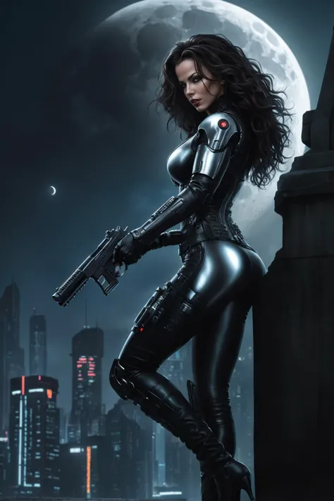 female (Cyborg:1.4)  vampire, standing on a ledge above a dark  cyberpunk city,  Selene from underworld, looks like (Kate beckinsale:1.3), angry expression, medium breasts, evil smile, ((curly black hair)), looking towards viewer, tight black latex sci fi clothing, close mouth, slim hips, cybernetic bodyparts, (mechanical parts:1.6), holds a pistol with both hands, cyberpunk cityscape, neonsigns, a full moon is seen in the background, (masterpiece:1.3), intricate details, best quality,  trending on artstation,  <lora:add-detail-xl:1.9>