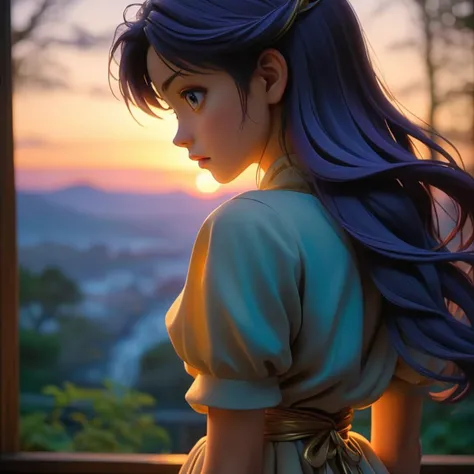 (art by Shinji Aramaki:1.2) , shot from behind of a Tender "In the tapestry of twilight, shadows and light entwine, unveiling the mysteries of dusk.", at Twilight, soft focus, Anime screencap, Hopeless, Post-Impressionism, flat lighting, gilded technique