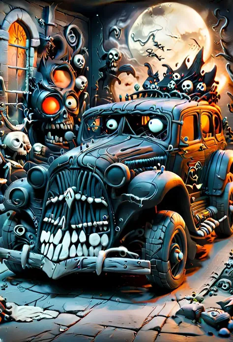 (best quality), (UHQ, high resolution),c1t03nt5,realistic, black car, horror theme ,ais-drkclymtn,