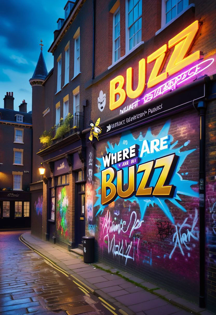 logo,text,sign that says,("where are buzz?":1.4), outdoors, rich, wall, street, shops, beautiful view, river, palace, stately home, elegant, fantasy, garden, graffiti, typical London brick walls, neon paint, neon graffiti, surreal, punk, skiing -fi, dramatic lighting, cinematic, atmospheric, intricate detail, extreme detail, UHD, 8k, masterpiece