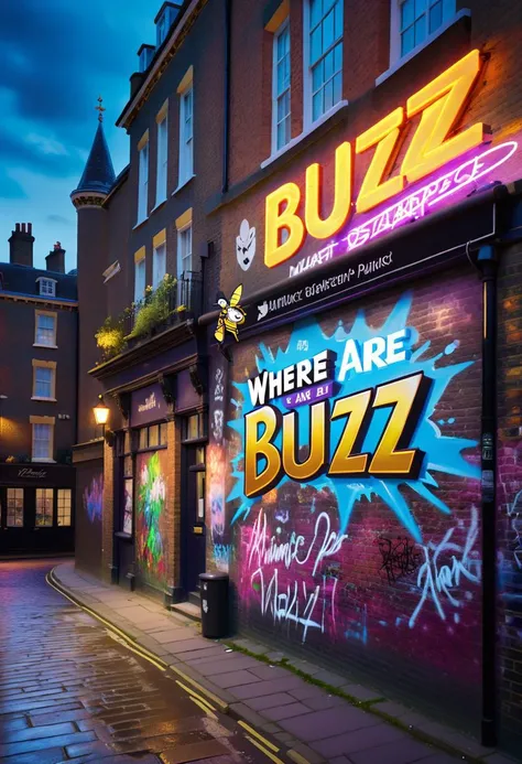 logo,text,sign that says,("where are buzz?":1.4), outdoors, rich, wall, street, shops, beautiful view, river, palace, stately home, elegant, fantasy, garden, graffiti, typical London brick walls, neon paint, neon graffiti, surreal, punk, skiing -fi, dramatic lighting,  cinematic, atmospheric, intricate detail, extreme detail, UHD, 8k, masterpiece