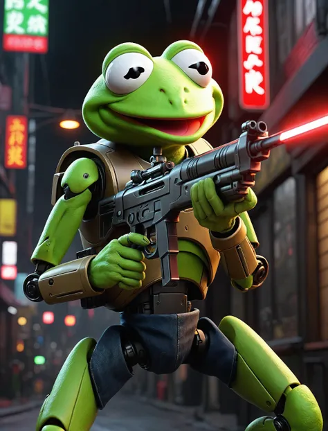 kermit the frog muppet, ultrawide shot, (dark ramen shop:1.9), neon cyberpunk city, (mecha arms:1.8), (holding a laser rifle:1.9), (mecha legs:1.9), (red detective:1.7), (black jeans:1.5), neon city, ultra realistic, 4K, award winning, <lora:epiNoiseoffset_v2:0.6> , <lora:detail_slider_v4:1.5> <lora:Kermit:1>