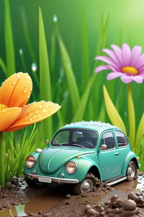 microscopic car in microscopic world, dew drop, mud, puddle, grass and flower, digital art