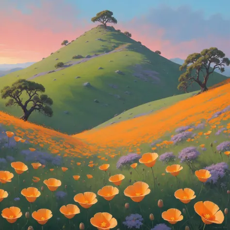a classic landscape painting of a hill covered in California wildflower poppies , by Alexandre Falguière and by Martin Kippenberger and by Edmond Aman-Jean, futuristic Neon cyberpunk synthwave cybernetic Lovis Corinth and by Peter Marlow and by Shintaro Kago