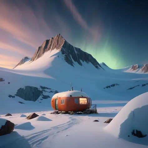 VRay, landscape of a 1960'S Haunted [Antarctic|Piercing studio] from inside of a Arctic Tundra, Stars in the sky, Overdetailed art, Shameless, flat lighting, F/8, otherworldly, "Fergalicious definition, make them boys go loco."