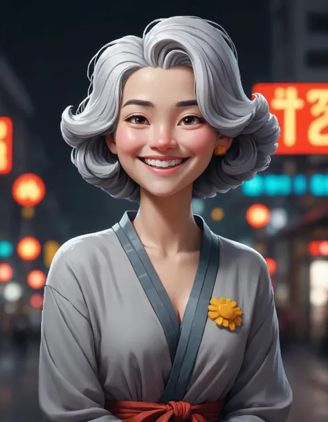 Pixel Art pixelated pixel pixel , extremely content happy smile , + / A fit grey haired woman in BEIJING in summer at night