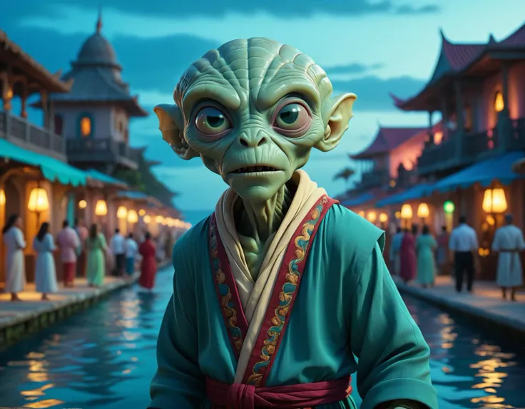 (digital cinematic color grading natural lighting cool shadows warm highlights soft focus actor directed cinematography dolbyvision :1.3), A skinny ((wrinkly:0.65) alien being wearing traditional clothing:1.3) on vacation enjoying the local party scene at dusk in Under the sea in the deep hidden city of Atlantis