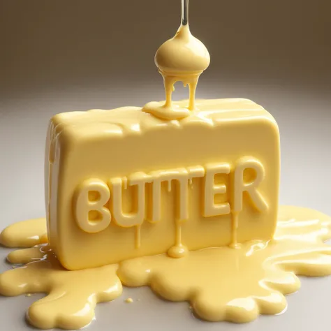 ("BUTTER" text logo:1.2), yellow, butter, dripping, the letters "BUTTER" are prominent in the foreground, perfect text