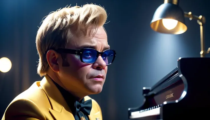 cinematic close-up still of a music video of Elton John, dramatic, National Geographic, Canon DSLR, sharp details, (cinematic lighting, dramatic lighting, high contrast, low key lighting, high key lighting, chiaroscuro lighting, split lighting, rim lighting, back lighting, side lighting, top lighting, bottom lighting, natural light, artificial light:1.5)
