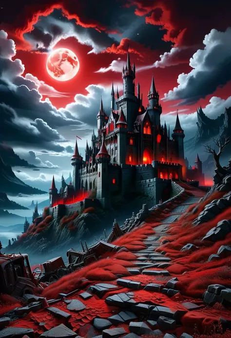 (best quality, highres:1.1) OverallDetail, PEAnimeBG, masterpiece, best quality, high quality, highres, high detailed, masterpiece, high detailed, masterpiece, hyper maximalist, Legendary Landscape, abandoned, weathered, detailed.
night-scape, Castle Dracula, gothic
blood red moon,
highlight the treacherous cliffside road.
Emphasize the evil atmosphere,
(tranquil:1.2) ambiance, and (timeless:1.1) charm,