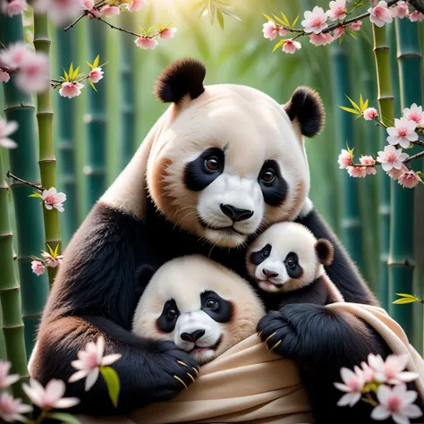In a picturesque scene, an enchanting sight unfolds before your eyes. The air is filled with a flurry of delicate cherry blossom petals, gracefully dancing and twirling through the air. Bamboo leaves, kissed by the gentle breeze, sway and rustle, creating a serene backdrop for the heartwarming tableau. Cradled in the loving embrace of an absolutely endearing giant panda, a newborn human baby lies peacefully, drifting into a serene slumber. The panda mother, her black and white fur contrasting with the delicate pink petals, gazes adoringly at the infant with her soulful eyes, her own adorable panda cub curiously observing the enchanting encounter. The baby, nestled in the panda mother's arms, is cocooned in a soft blanket, blissfully unaware of the delicate petals cascading around them. The gentle sway of bamboo branches and the mesmerizing dance of cherry blossoms add an extra touch of ethereal beauty to this captivating tableau. It is a moment of pure innocence and undeniable cuteness, where the delicate beauty of nature seamlessly intertwines with the tender bond between different species., cinematic shot + dynamic composition, incredibly detailed, sharpen, details + intricate detail + professional lighting, film lighting + 35mm + anamorphic + lightroom + cinematography + bokeh + lens flare + film grain + HDR10 + 8K + Roger Deakins, ((cinematic))