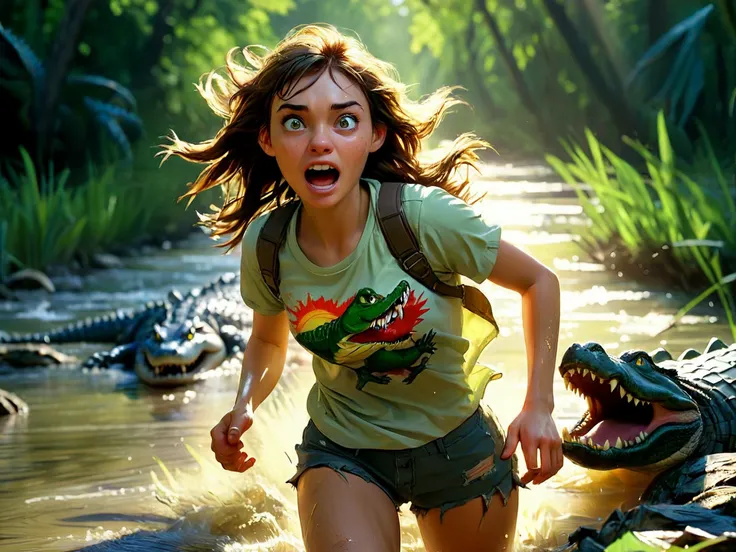 realistic, hyper realism, vivid, cinematic, spectacular, dynamic, colorful, creative,
daytime, bright sunlight, a brave 24yo girl running from alligators in a river, torn shirt, shorts,
<lora:RMSDXL_Enhance:1>,
<lora:add-detail-xl:0.8>,
<lora:RMSDXL_Darkness_Cinema:1>,