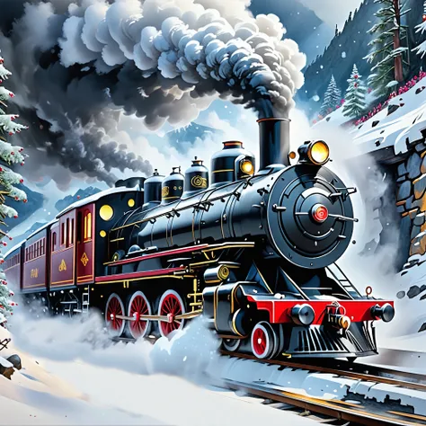 steam train coming out of a mountain tunnel, smoke billowing, snow misting from the wheels, snowy mountain scene, artistic, creative, contrasting, detailed, 8k, expressive