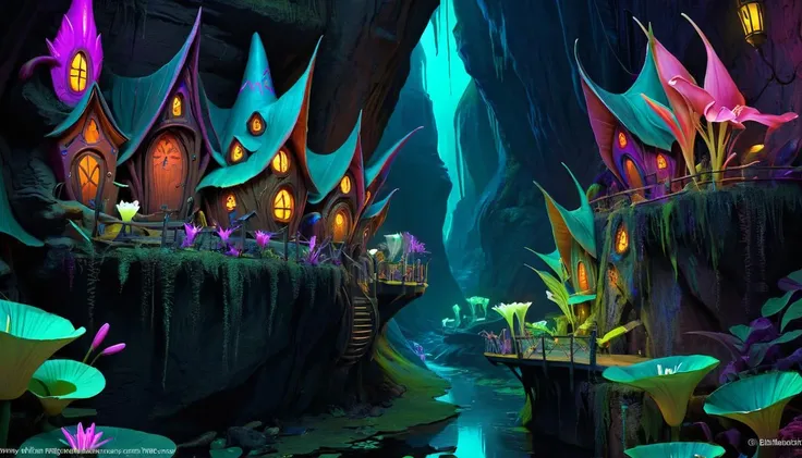 Whimsical bioluminescent faerie village at night, blacklight makeup, round faerie houses in the face of a steep cliff wall, canyon with stream in bottom, lily pads, vibrant colors, balconies, scifi style, futuristic, technological, alien worlds, space themes, advanced civilizations, style of Tim Blandin

highly detailed, artstation, sharp focus, illustration, High quality, Highly detailed, trending on artstation,