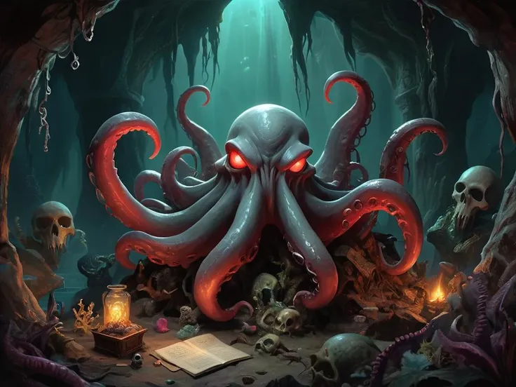 Title: "The Aboleth's Lair"
Description: An aboleth, a grotesque and malevolent creature with tentacled bodies and bulging eyes, sits atop a pile of
treasure and skulls in its dark, underwater lair. The lair is surrounded by a forest of kelp and seaweed, casting a
eerie, dreamlike quality over the scene.
The aboleth's tentacles are extended, reaching out to touch the treasure and absorb its power. The creature's eyes glow
with a malevolent energy, casting a red light over the scene. In the background, a group of brave adventurers can be
seen, their armor and weapons at the ready as they prepare to face the aboleth in battle.
The aboleth's lair is adorned with strange, glowing symbols and artifacts, each one pulsing with a faint, eerie light.
The symbols seem to be alive, moving and shifting as if they are communicating with the aboleth. The treasure that the
aboleth sits upon includes gold, jewels, and ancient tomes, each one emitting a faint, pulsing light.
In the foreground, a small, glowing crystal can be seen, surrounded by a collection of strange and exotic plants and
fungi. The crystal emits a faint, pulsing light, as if it is alive and communicating with the aboleth. The plants and
fungi are depicted in vivid detail, their colors and textures adding to the sense of otherworldliness and magic.
The overall mood of the painting is one of foreboding and danger, as the brave adventurers prepare to face the aboleth
in battle. The use of light and shadow creates a sense of drama and tension, drawing the viewer into the world of
Dungeons and Dragons.