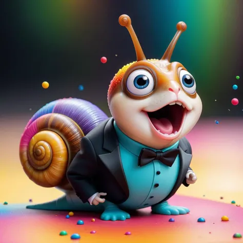 a cartoon snail, wearing a tuxedo, with open mouth, shocked expression, wide eyes, sprinkles, dark, Sharp focus, , contrasting colors, (Vivid colors:1.47), Intricate, Vibrant colors,
