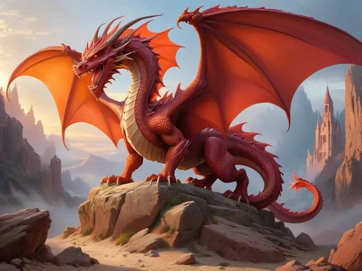 Imagine a breathtaking landscape of towering, crimson-colored spires that stretch up into the sky like giant, glowing
crystals. The sun sets over the horizon, casting a warm orange glow over the scene and illuminating the intricate
details of the spires. At the base of one of the spires, a magnificent dragon with scales as red as the sun rests, its
wings spread wide and its claws digged deep into the rocky surface. The dragon, known as the Crimson Emperor, looks out
over the landscape with wise and powerful eyes, as if guarding the secrets of the land. The air is filled with the scent
of burning sand and the sound of distant thunder, adding to the epic and mystical feel of the scene. The overall mood of
the painting should be one of grandeur, power, and mystery, capturing the imagination of the viewer and transporting
them to a world of wonder and magic.