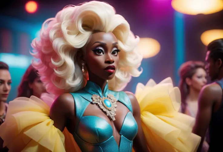 Wesley Snipes is Noxeema Jackson, a drag queen man in a dress at a drag show in a night club, from the To Wong Foo, Thanks for Everything! Julie Newmar, cinematic LUT, Ektachrome, Romantic, Realism, flat lighting, gilded technique, DOF, bokeh, digital cinematic color grading natural lighting cool shadows warm highlights soft focus actor directed cinematography dolbyvision