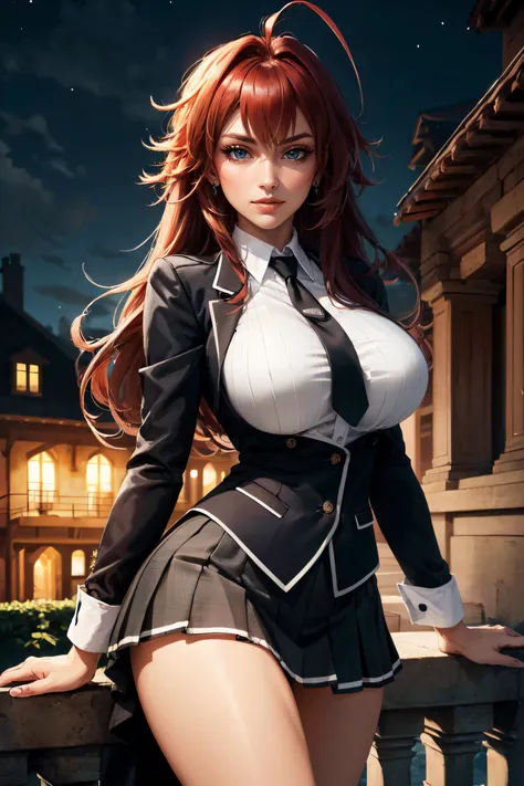 (masterpiece, best quality, ultra detailed, absurdres)1.5, 1girl, (sexy, beautiful woman, perfect face, perfect eyes, perfect female body, huge breasts)1.5, (rias_gremory, long hair, ahoge, hair between eyes, school uniform, pleated skirt, <lora:rias_gremory:0.7>), (standing, outdoors, courtyard, modern mansion in background, night sky), perfect lighting, smooth, hdr
