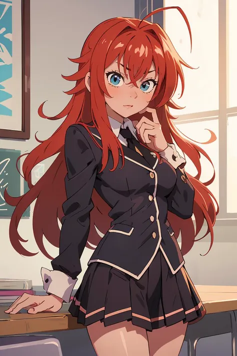 (masterpiece, best quality), 1girl, beautiful face,  <lora:rias_gremory:1> rias_gremory, long hair, ahoge, hair between eyes, school uniform, pleated skirt