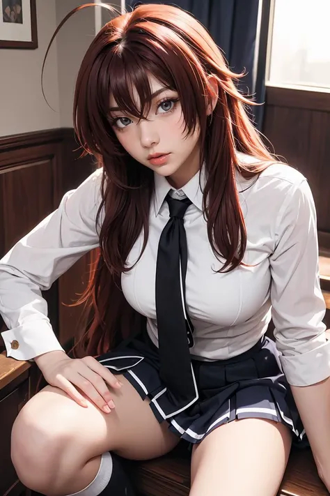 (masterpiece, best quality), 1girl, beautiful face, <lora:rias_gremory:1> rias_gremory, long hair, ahoge, hair between eyes, school uniform, pleated skirt