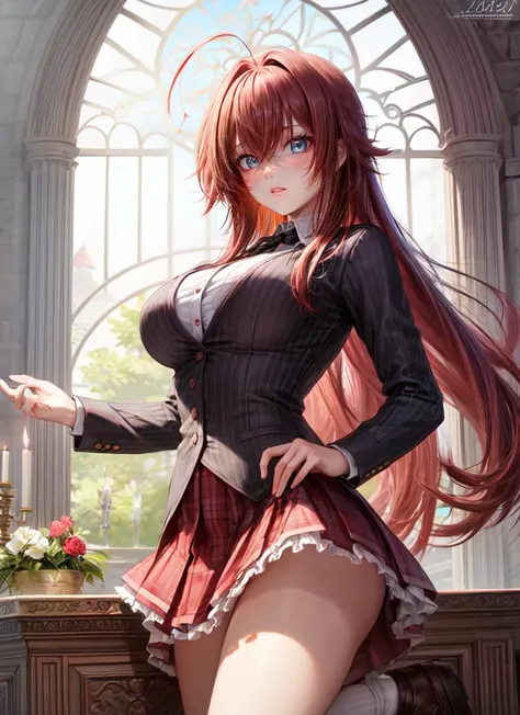 ((best quality)), ((highly detailed)), masterpiece, absurdres, extremely detailed face, beautiful face, (detailed eyes, deep eyes), <lora:more_details:.3>, (1girl), dynamic pose, cowboy shot, <lora:hairdetailer:.9>, <lora:rias_gremory:1>, rias_gremory, red hair, very long hair, ahoge, hair between eyes, aqua eyes, large breasts, parted lips, school uniform, pink skirt, pleated skirt, white socks, brown loafers, (at an altar, afternoon)