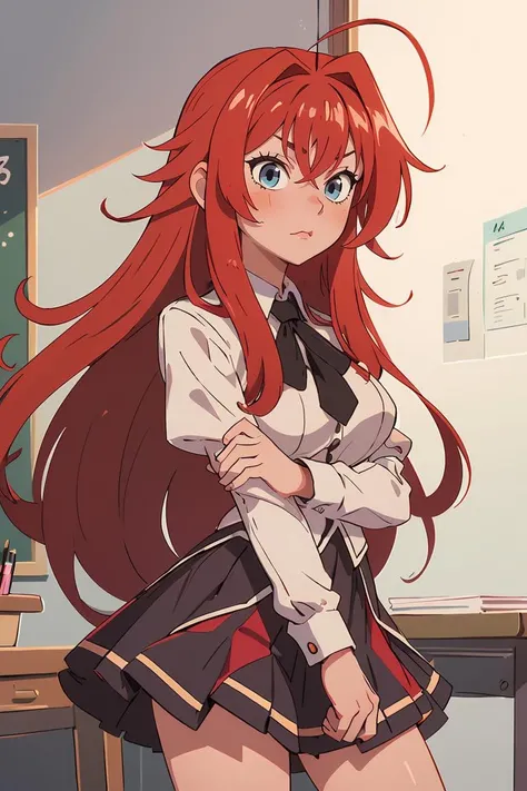 (masterpiece, best quality), 1girl, beautiful face, <lora:rias_gremory:1> rias_gremory, long hair, ahoge, hair between eyes, school uniform, pleated skirt