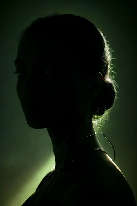 RAW photo of An enigmatic close-up photograph capturing the ethereal beauty of a mysterious woman with intricate biomechanical details on her anatomical face, wires, metal, green spotlight, dark theme, (high detailed skin:1.2), silhouetted against the bright light, 8k uhd, dslr, soft lighting, high quality, film grain, Fujifilm XT3, <lora:spotlight:0.6>