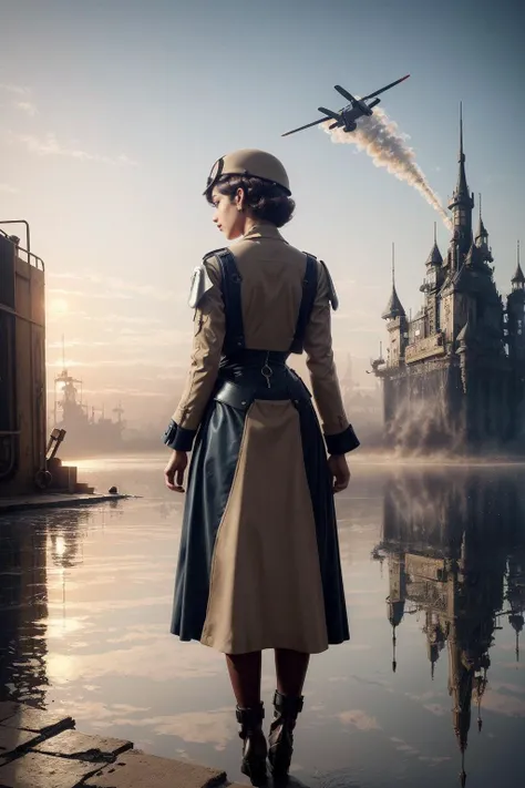 (2d masterpiece dieselpunk realistic, best quality, day:1.3), back view, a cute tamil girl, :o, medium hair, cloche hat, nail polish, floating castle background, Lavish, trending on Sketchfab, (nsfw:0.6)