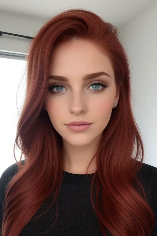 foto en bruto de cuerpo entero, (chica pelirroja):1.2, maquillaje, colorete, gargantilla de encaje, textura de piel realista, jersey de punto oversize, ojos enrojecidos, iluminación cálida, ambiente acogedor, estilo de Instagram