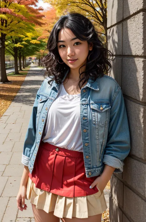photorealistic, best quality, hyper detailed, solo,
analog style, looking at viewer, skin texture, film grain, close up, ultra high res, best shadow, RAW, instagram LUT
highres, masterpiece, vived colors (japanese) cowboy shot,
looking at viewer, walking, sideways glance BREAK 1girl, solo,black footwear, dappled sunlight,light smile, denim jacket, long hair, (curly hair) , black hair, yellow eyes, (red skirt:1.2) , (red short shorts), slim legs, adult BREAK outdoors, stone walkway, sunlight, (temple gate:1.1) tree, grass, (autumn, autumn leves:1.2)
<lora:epi_noiseoffset2:1>
<lora:add_detail:0.6>