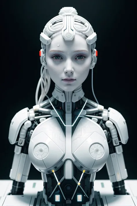 electronic system on head humanoid |cyborg woman| with a visible detailed brain| with a visible detailed heart| muscles cable wires| biopunk| cybernetic| cyberpunk| white marble bust| canon m50| 100mm| sharp focus| smooth| hyperrealism| highly detailed| intricate details| carved by michelangelo