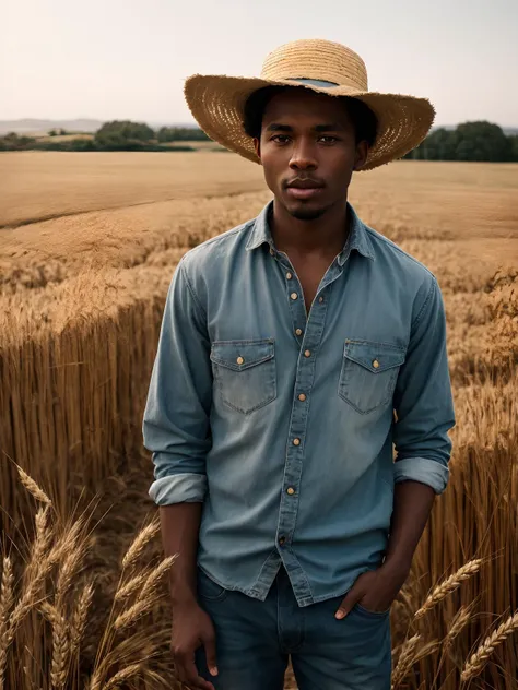 raw photo, black man in a straw hat, farm dirty clothes, a straw of wheat in your mouth, a field with bales in the background, a ranch, warm lighting, cosy atmosphere, Instagram style, 8k uhd, high quality, film grain