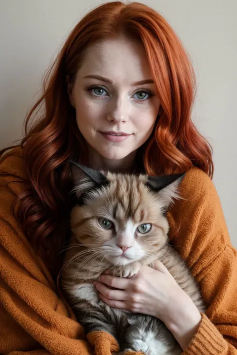 moody instagram photo, closeup face photo of 42 years old woman, dressed in comfy oversized sweater, dirty fiery red hair, color gradient, bright tips of hair, fair pale skin, happy, cute smile, cuddling with her kitten, grumpy cat, soft fur, beautiful hazelnut eyes, hard shadows, dark, nighttime, overexposed filter, <lora:epi_noiseoffset2:0.7>