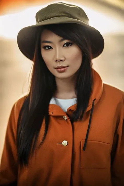 'p3x3ls style photo', a asian woman with a Flat cap and a orange coat, backlight
