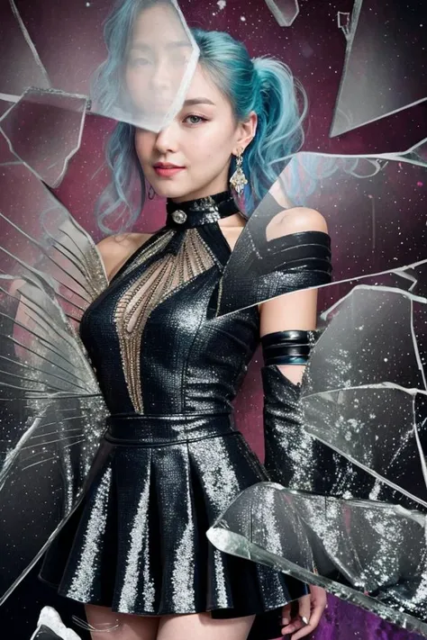 <lora:BrokenGlass:1>,IncrsBrknGls,broken glass,reflection,masterpiece,photorealistic,high details,8K,best quality,amazing body,at distance,full length shot,(playful gaze, smirking:1.15),(k-pop idol pose:1.2),(intricate),(natural skin texture),aqua hair,gradient hair,multicolored hair,blue eyes,lips,long hair,long ponytail,ponytail,earrings,jewelry,armlet,bracelet,choker,ice wings,blue dress,layered clothing,black skirt,single bare shoulder,thighhighs,fitted bodysuit,sleek and high-quality materials,off-the-shoulder elements or cutouts,mini skirt,intricate designs,sequins,or metallic accents,statement earrings,chokers,or bracelets,accessories could incorporate elements like music notes,stars,or other symbols associated with the entertainment industry,, intricate, elegant, highly detailed, symmetry, magical atmosphere, sharp focus, majestic, very coherent, radiant, advanced, cinematic, artistic, fine detail, winning, beautiful, stunning, dramatic light, designed, rich deep colors, perfect professional background, ambient, tailored set composition