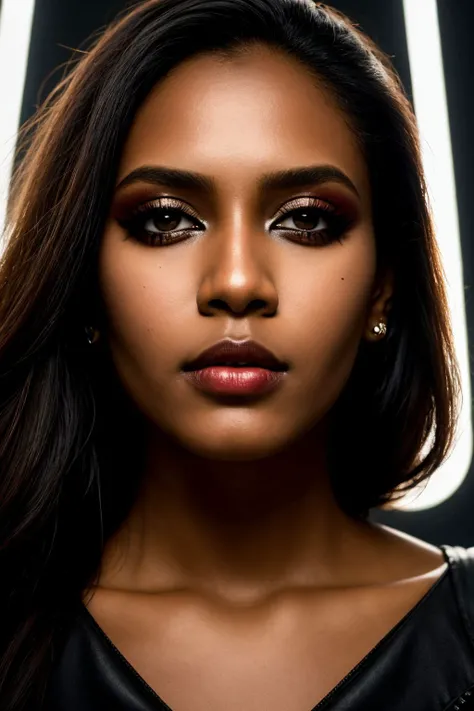 an eye contact of a Trinidadian woman, sick, Splendid, tightline eyeliner, cream lipstick, optical camera, Square jawline, Smoky eye makeup, cyberpunk, bounced lighting, underexposed