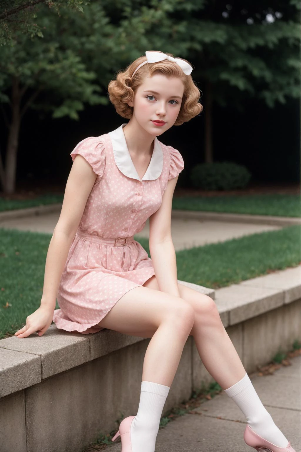 1950s Suburbia \(style\) photo of fit, thin 21 year old jp-Kraasni-50 ,Soft curls, light eyeliner, pink lips, Polka dot dress, white ankle socks, ballet flats, Picket fence, manicured lawn, bicycle with basket, Canon EOS 5D Mark IV, 50mm f/1.8, 1/100s, ISO 160, Fujifilm Provia 100F