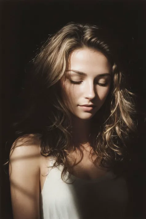 Deep photo, depth of field, ferrania p30 film, shadows, messy hair, perfect face and body, dark, nighttime, dark photo, grainy, dimly lit, seductive smirk, harsh camera flash ((eyes closed)), Layered curls, Dirty blonde hair color, Analogue photography, overexposed, (silhouetted against the bright window light:1.2)