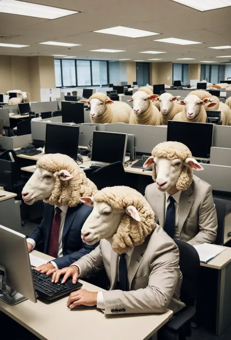 men in suits and tie sitting at a desk with sheep's head, stock photo, institutional critique
