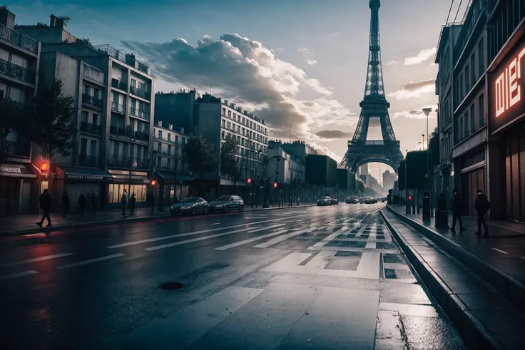Dystopian futuristic Paris, photorealistic, great shot, year 2300, cyberpunck