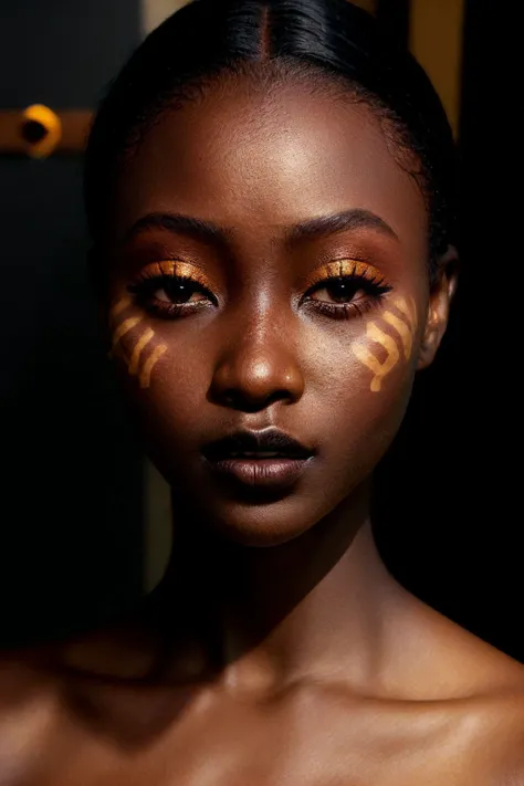 an eye contact of a Ugandan woman, (black skin:1.3), yellow spotlight, dark theme, lonely, Lavish, Matte black eyeshadow with a cut crease, metallic lipstick, golden ratio, Almond-shaped eyes, Freckles, indietronica, soft lighting, bokeh, <lora:spotlight:0.9>