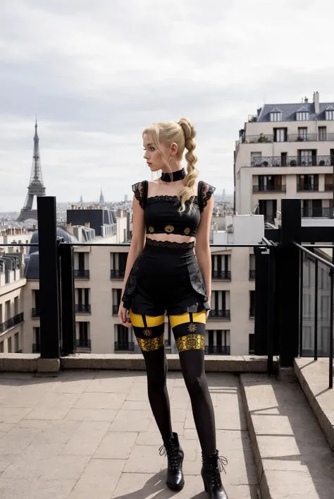 full body picture of one tall blond girl, model, with space buns hair style, she wear a black short, and black patterns tights ,black lace top with intricated yellow details, black ankle boots,
on a rooftop in Paris, masterpiece,