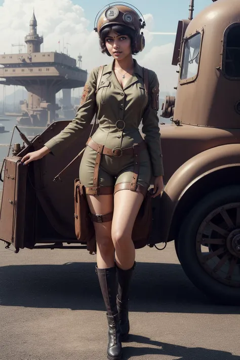 (2d masterpiece dieselpunk realistic, best quality, day:1.3), front view, a cute tamil girl, :o, medium hair, cloche hat, nail polish, floating castle background, Lavish, trending on Sketchfab, (nsfw:0.6)